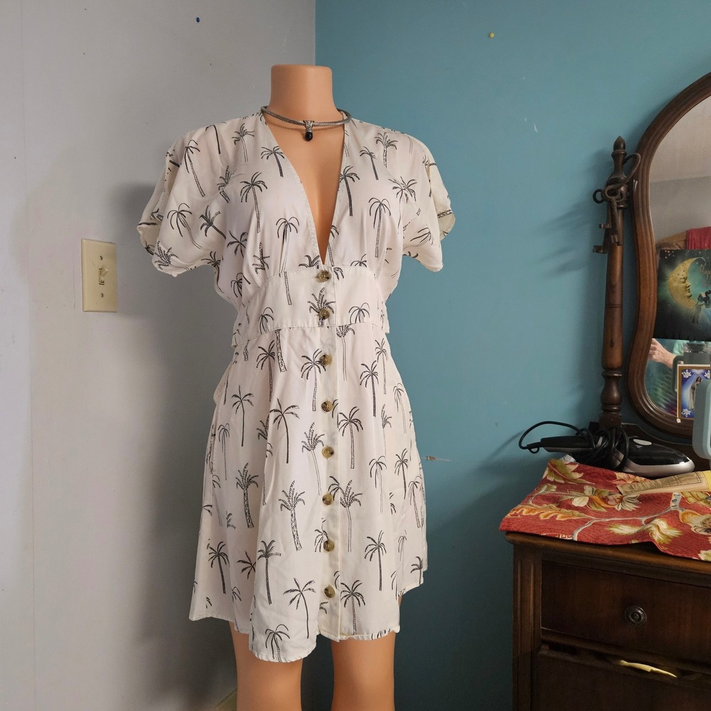Marine Layer Palm Tree Print Button Front Dress Womens Small Cream Tropical Mini